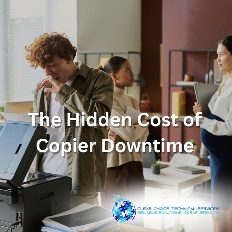 Frustrated employee looking at the machine while other teams waiting idly showing hidden cost of copier downtime in Austin