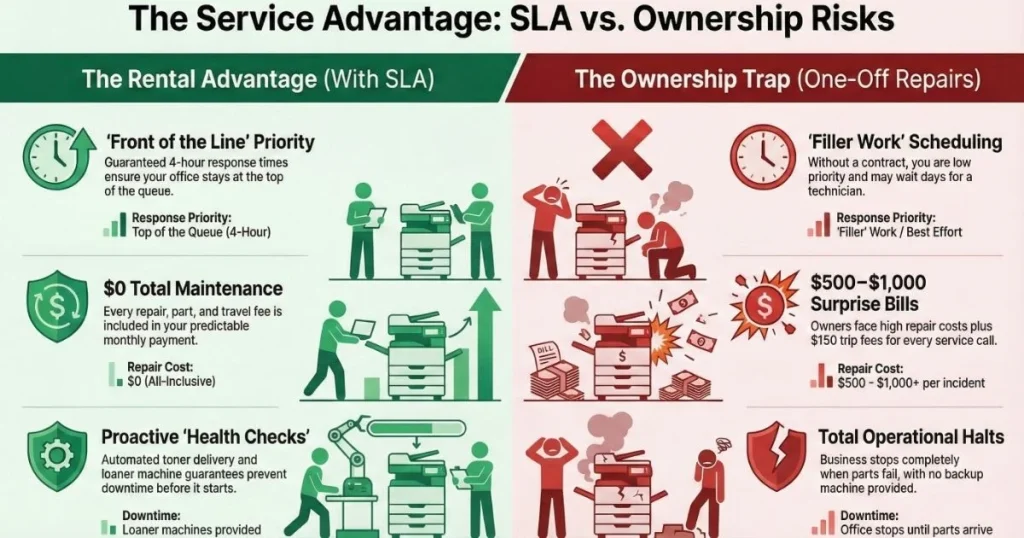 Comparison chart for Austin offices showing rental benefits like 4-hour response times versus ownership risks like $1,000 repair bills.