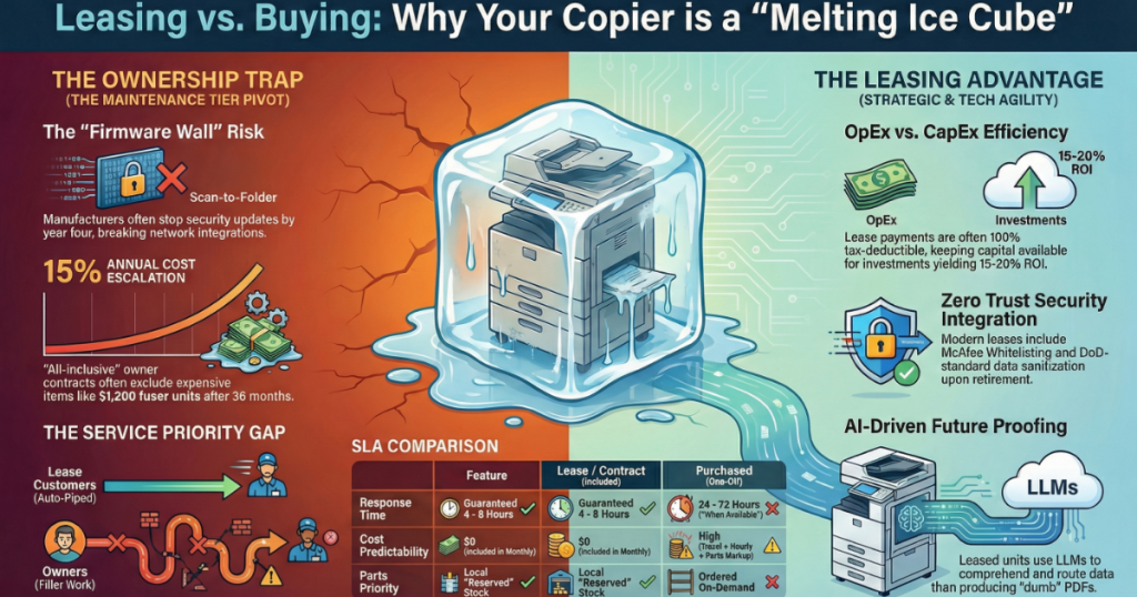 Visual of a copier in a melting ice cube to show depreciating value and OpEx efficiency for companies in Austin, Texas 78701.