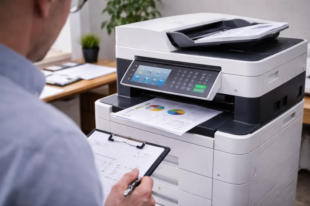 An office worker at 401 Congress Ave reviewing high-quality color prints from enterprise-grade multifunction copiers.