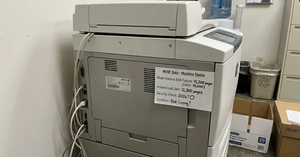 Back view of an office copier with a status sign displaying MVBF data of 15,200 pages to monitor hardware health.