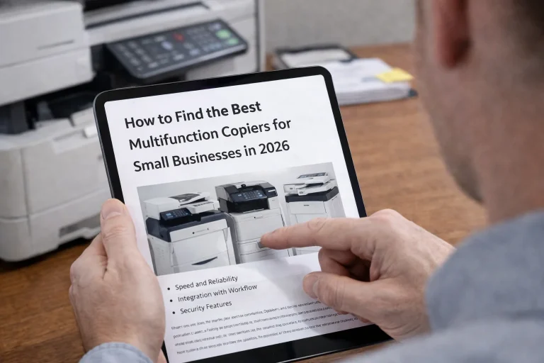 A business professional in Austin using a tablet to configure multifunction copiers for cloud scanning and remote printing.