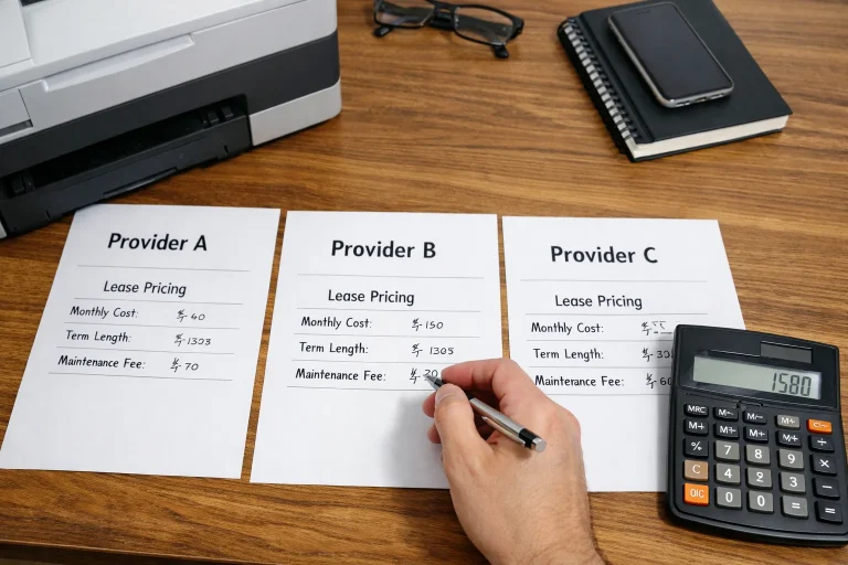 A business professional in Austin comparing copier lease pricing quotes from three different providers with a calculator and office hardware.