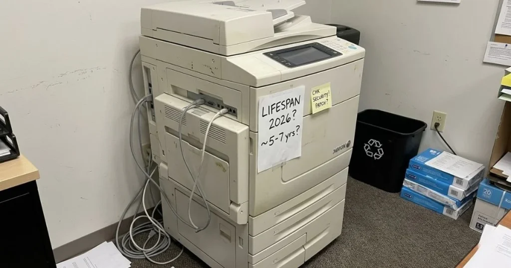 An older copier in an office corner with a handwritten note regarding its 2026 lifespan and security patch requirements.