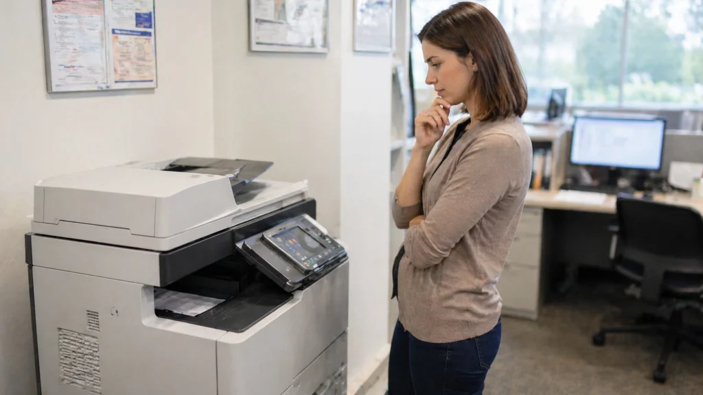 Business woman standing beside an office copier thinking about whether to buy or lease in Austin TX