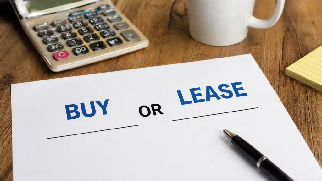 Buy or lease a copier decision document on a desk with a calculator for Austin businesses