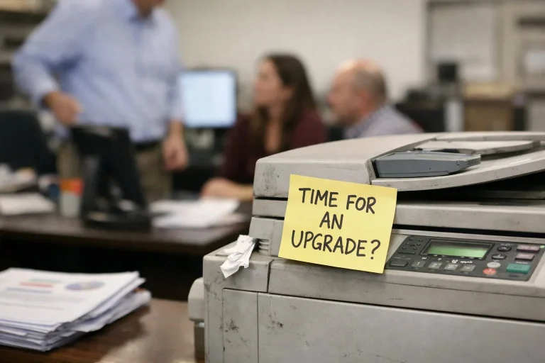 A dusty office printer with a yellow sticky note asking "Time for an upgrade?" in an Austin office.