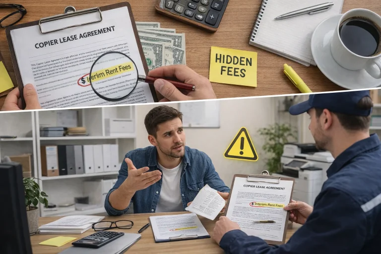 A split image showing a magnifying glass highlighting "Interim Rent Fees" and a man discussing Austin copier lease traps.