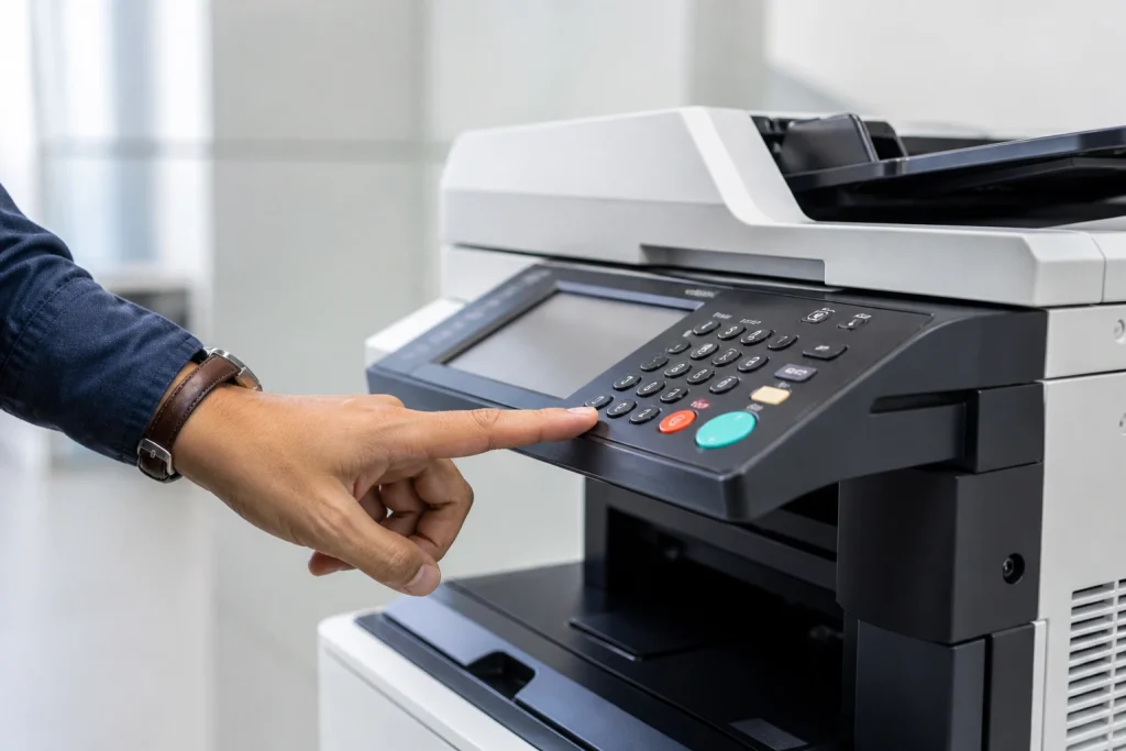 Text: Business person pressing button on office copier control panel for a leased copier in Austin TX