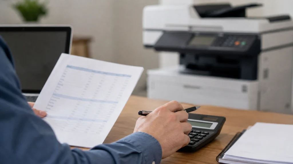 Business owner reviewing financial report with calculator while budgeting for copier lease costs in Austin TX