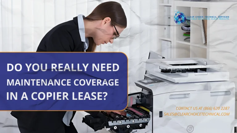 Austin office worker replacing a copier toner cartridge under maintenance coverage in a copier lease agreement
