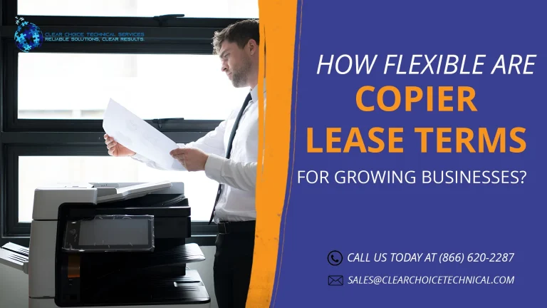 Promotional banner detailing flexible copier lease terms featuring a man in a white dress shirt examining a printed document.