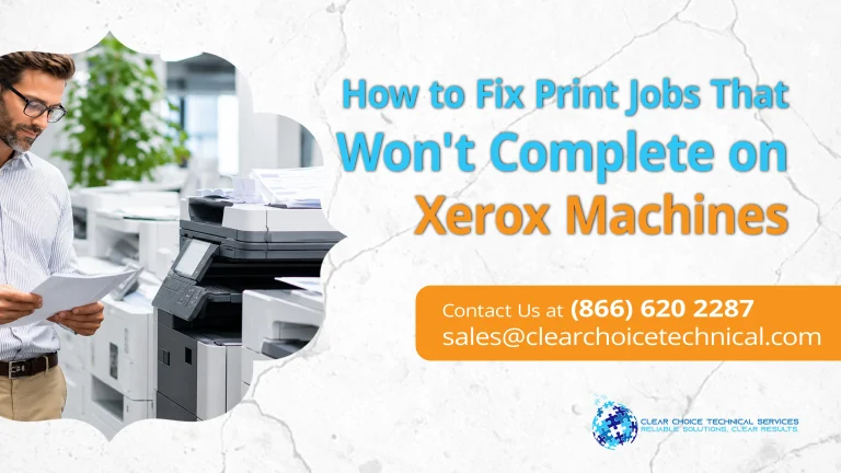 Troubleshooting banner reading "How to Fix Print Jobs That Won't Complete on Xerox Machines" with a worker inspecting prints.