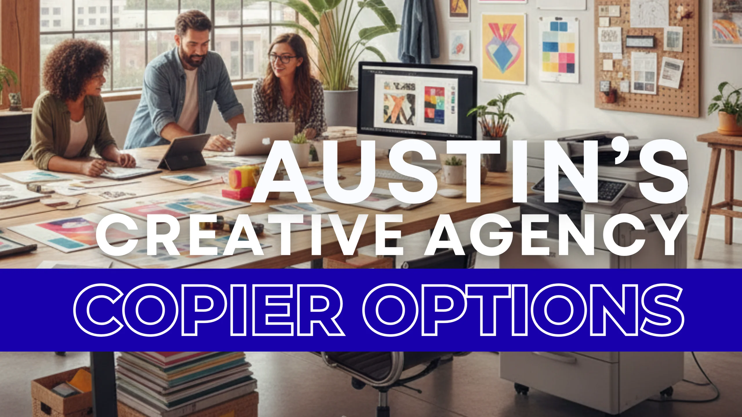 Creative design team in an Austin studio working near a color copier and branding materials.