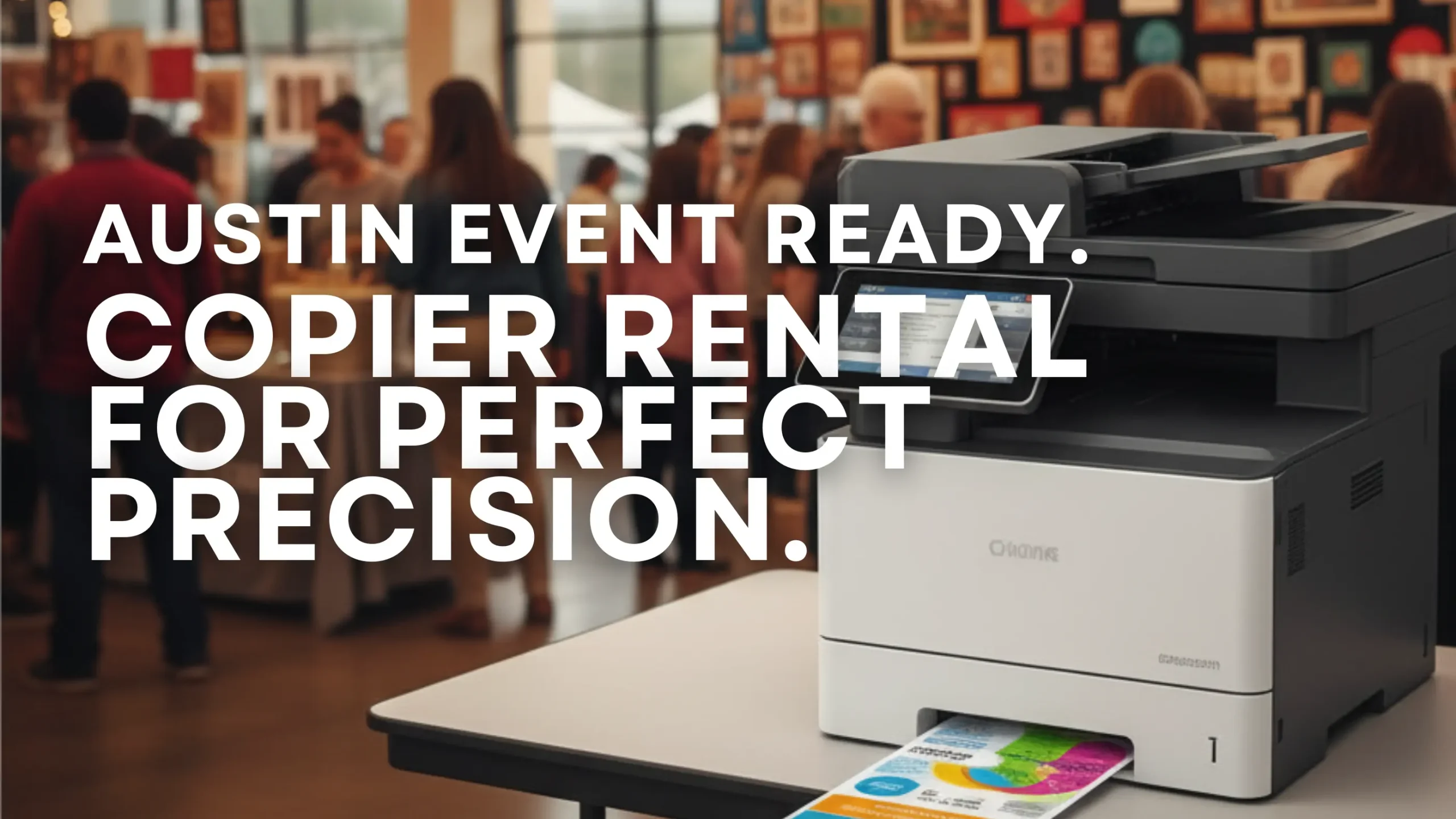 High-speed color multifunction printer (MFP) rental setup in an Austin event venue, symbolizing efficient short-term copier rental for event organizers.