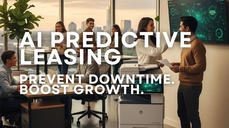 Modern Austin startup office using AI-integrated copiers to prevent equipment downtime.