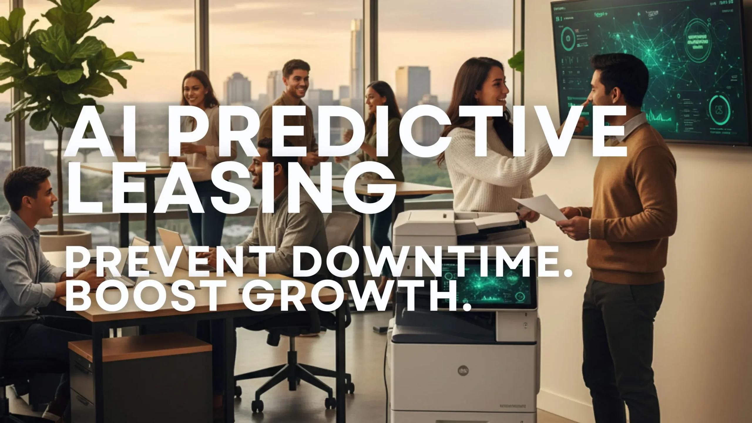 Modern Austin startup office using AI-integrated copiers to prevent equipment downtime.
