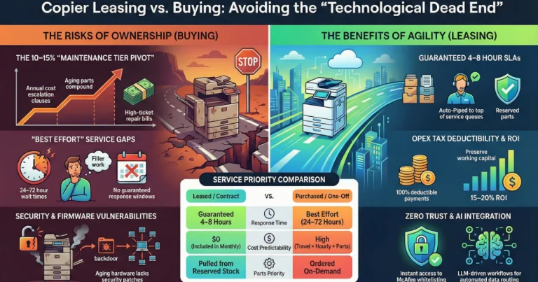 Infographic comparing copier ownership risks versus leasing benefits like 4-8 hour SLAs for offices at 401 Congress Ave, Austin, TX.