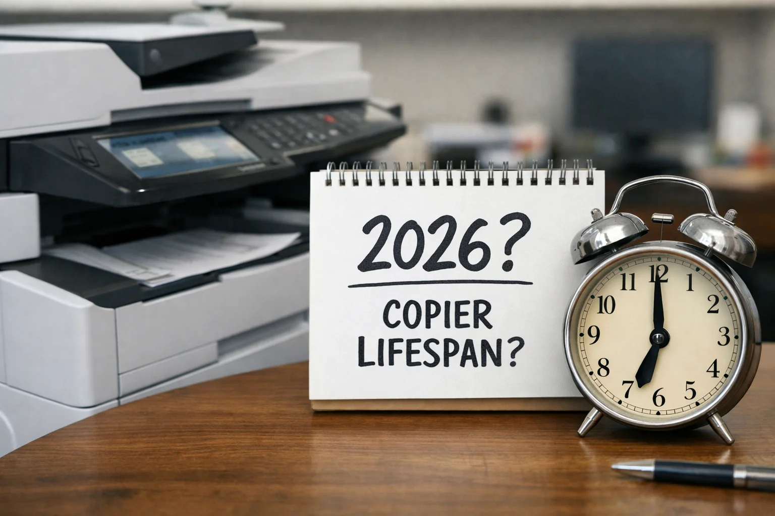 A desktop calendar and alarm clock next to an office copier questioning the average machine lifespan for Austin businesses in 2026.