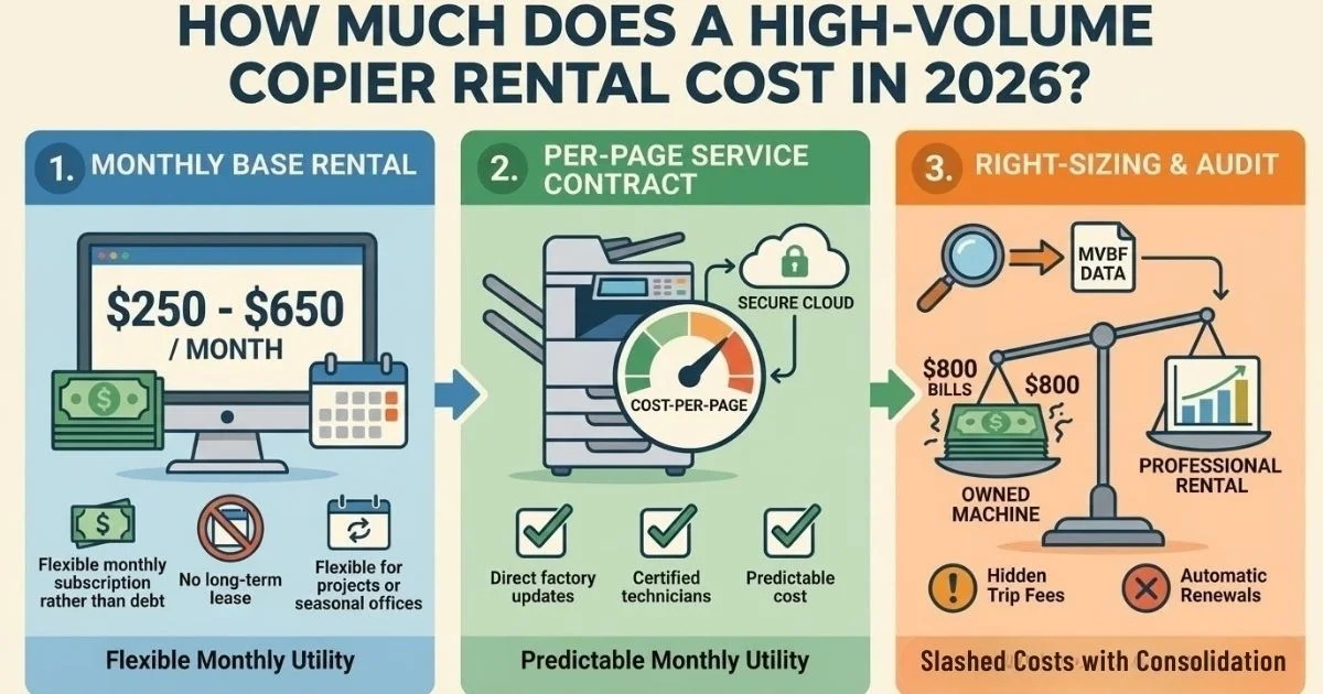 Infographic showing an Austin Copier Rental Cost between $250 and $650 per month, featuring flexible monthly subscriptions and no long-term debt.
