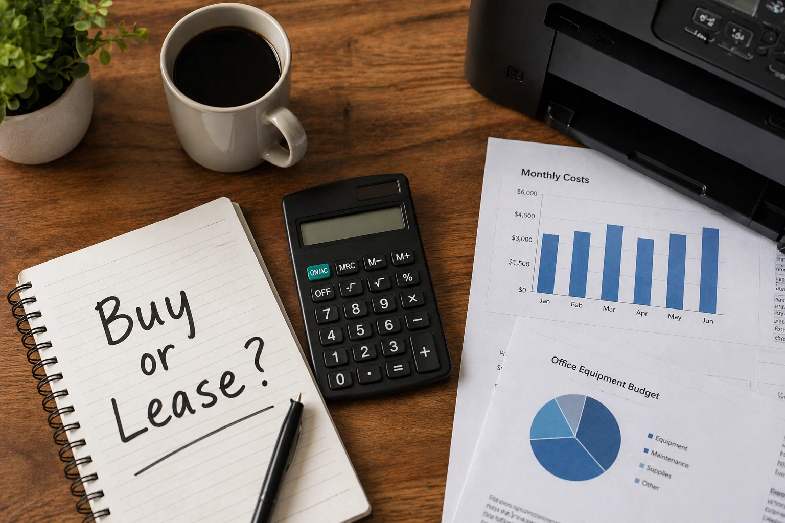 Notepad with "Buy or Lease?" written next to monthly cost charts and a printer for Austin TX businesses