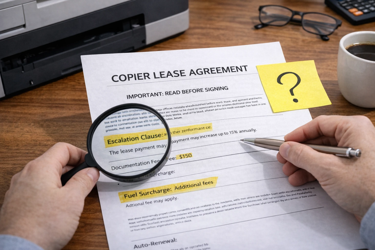 A business owner using a magnifying glass to inspect the fine print of Austin Copier Lease Agreements.