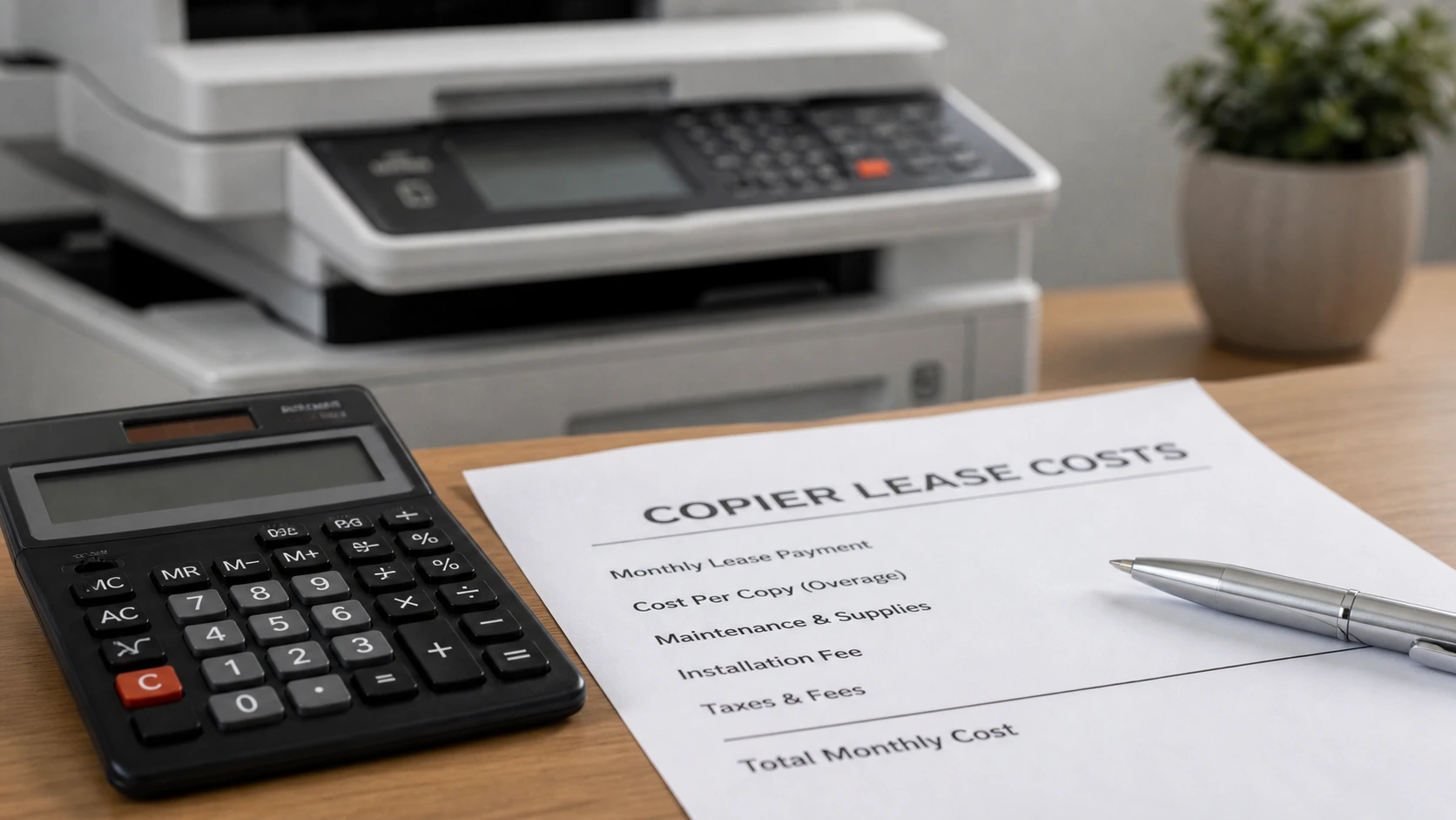 Copier lease costs document showing monthly payment breakdown with calculator and copier for Austin TX businesses